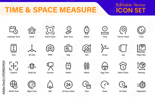 Time and Space Measurement Icons – Clean Outline, Line Art, and Vector Illustrations for Light Years, AU, Astronomy, and Cosmic Distance Projects