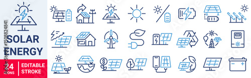 Set of 24 line icons of solar energy. hydroelectric power plant, solar panels, fossil fuel. Vector illustration. Outline icon. Editable stroke.