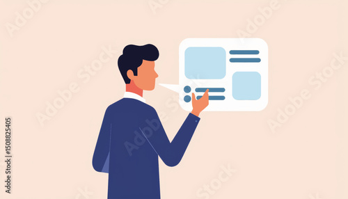 Businessman interacting with voice assistant in flat vector style, innovation