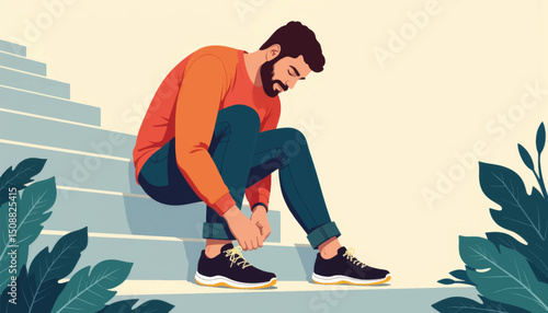 Man tying shoelaces on steps, focus on preparation and readiness