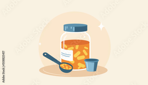 Measuring spoon next to supplement jar on light background, health concept