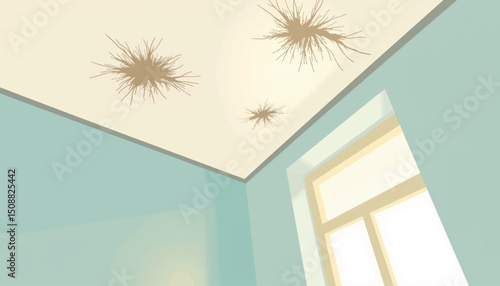 Mildew stains on bathroom ceiling with sunlight, home maintenance concern