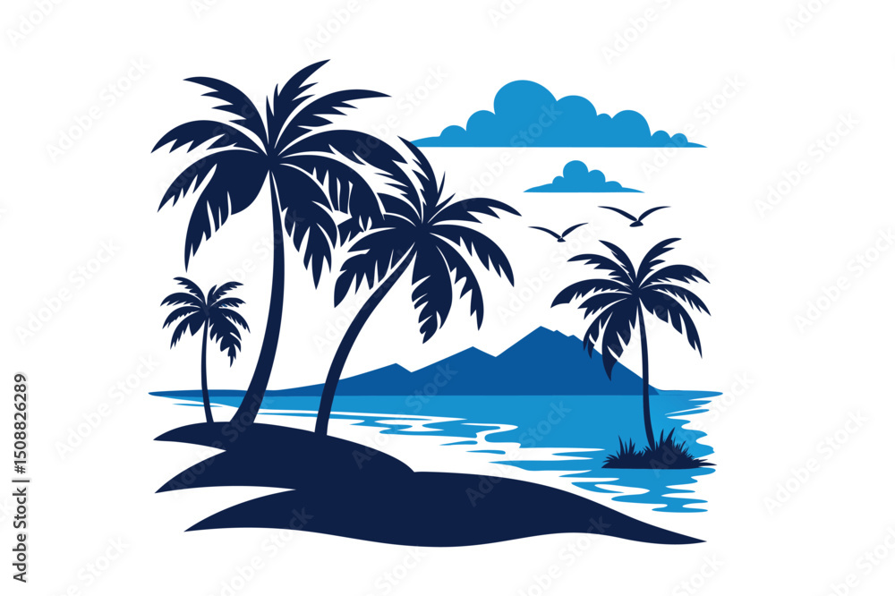 Obraz premium Beach vector art illustration. Tropical beach scenes set. Caribbean landscape at sunset vector design. Idyllic paradise with palm trees and surfboards in circle vector illustration. 
