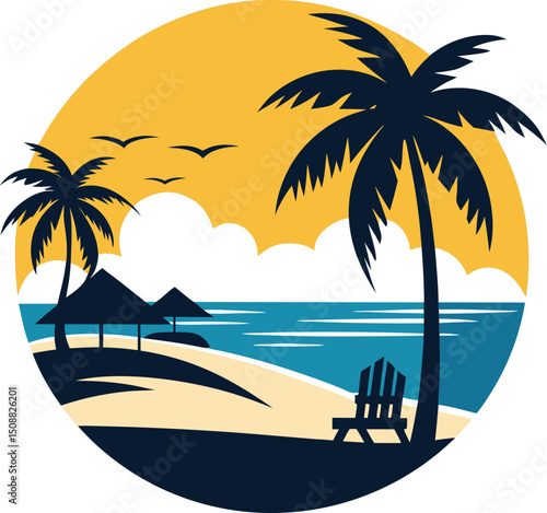 Beach vector art illustration. Tropical beach scenes set. Caribbean landscape at sunset vector design. Idyllic paradise with palm trees and surfboards in circle vector illustration. 