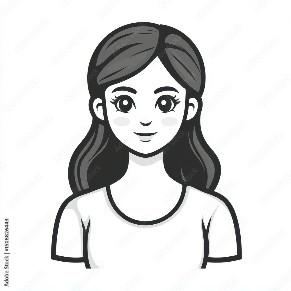 Stylized illustration of a smiling woman with long dark hair in a casual top against a plain background Stylized illustration of a smiling woman with long dark hair in a casual top against a plain background
