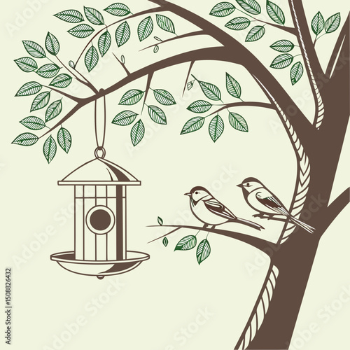 Bird feeder icon hanging on a tree with two birds, symbolizing nature and wildlife care
