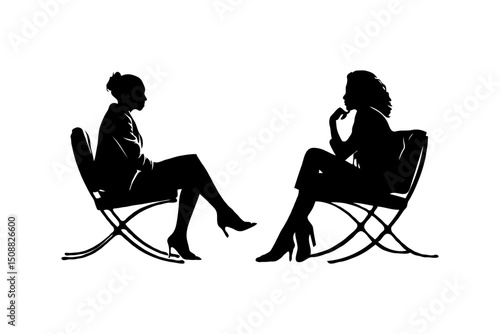 Two women in conversation, silhouette style, on white background. Concept of communication. Concept of psychotherapy session