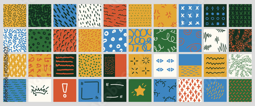 Vector illustration. Bundle of hand drawn design elements for poster, book cover, frame, gift card, magazine. Graphic minimalist doodle squares with polka dots, circles, memphis pattern. Hipster style