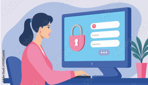 Smiling woman using password manager app at computer, digital security