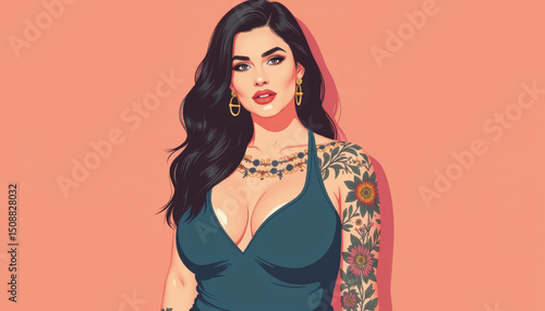 Confident plus size model showcasing tattoos in vibrant illustration, empowerment