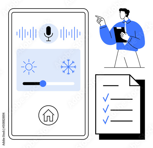 Smartphone interface with voice command and temperature slider, checklist, and man managing tasks. Ideal for home automation, productivity, technology, organization, efficiency, planning smart