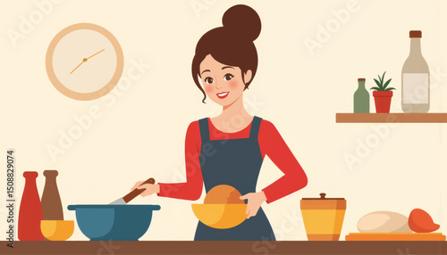 Smiling woman cooking in a cozy kitchen, nurturing creativity