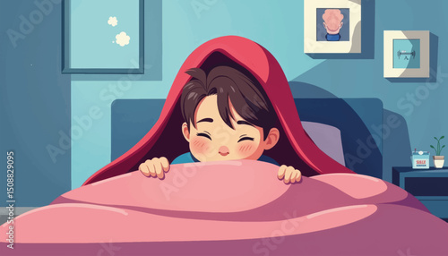 Joyful teen hiding under blanket in cozy room, safety and comfort