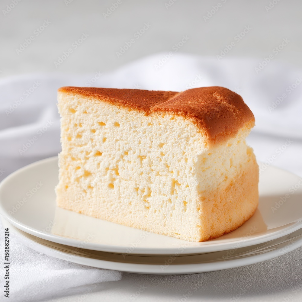 Close-up of a slice of Japanese cheesecake. Close-up of a slice of Japanese cheesecake.