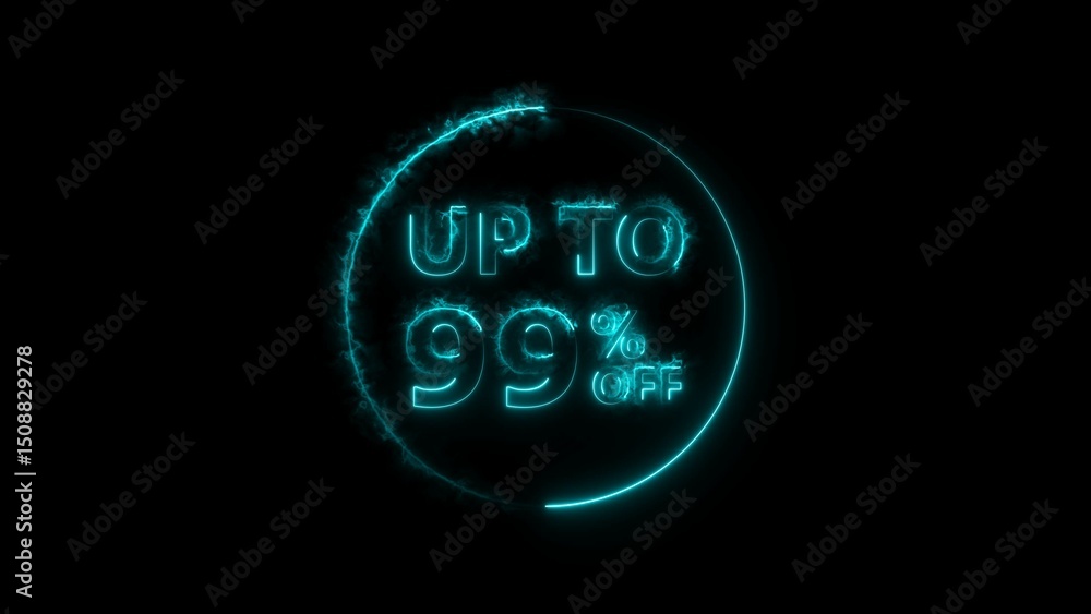 Abstract 99% Percent Off neon bright Flat Style Banner Sticker Label Popup Promotional cyan color 4k illustration. Cyan color circle 99% OFF, Sale, Discounts, Special Offers etc. Black background. Abstract 99% Percent Off neon bright Flat Style Banner Sticker Label Popup Promotional cyan color 4k illustration. Cyan color circle 99% OFF, Sale, Discounts, Special Offers etc. Black background.