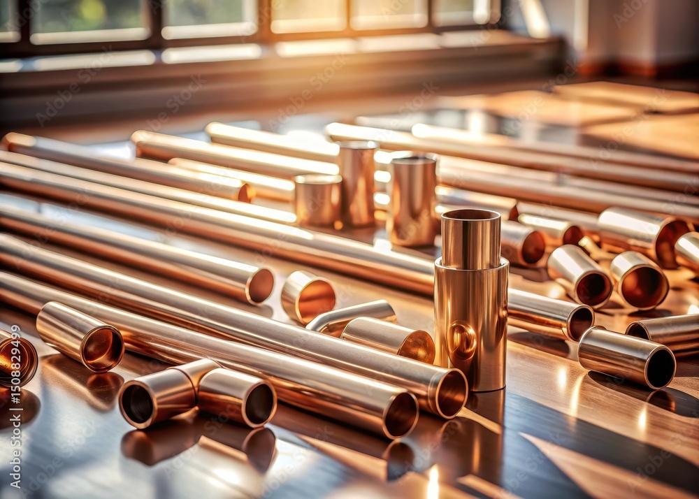 Naklejka premium Close-up shot of copper pipes and fittings arranged neatly on the floor in a sunlit room with a minimalist aesthetic
