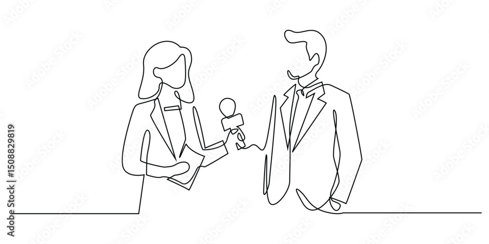 one continuous line drawing of a female television reporter,conducting an interview with a businessman.holding a microphone.isolated on a white background one continuous line drawing of a female television reporter,conducting an interview with a businessman.holding a microphone.isolated on a white background