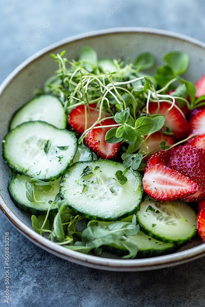 Summer salad with cucumbers, fragrant strawberries, microgreens, and dressing made with farm-grown basil Summer salad with cucumbers, fragrant strawberries, microgreens, and dressing made with farm-grown basil