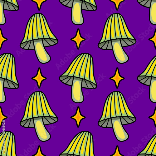 Seamless vector pattern of stylized green mushrooms and yellow stars on a purple background, creating a whimsical and magical autumnal design perfect for Halloween or fall-themed projects.