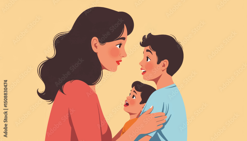 Fototapeta premium Emotional woman embracing children, family bond illustration
