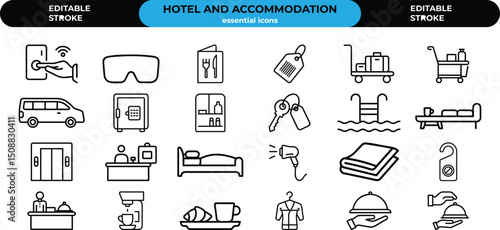 Hotel Line Icons. Editable Stroke. Contains such icons as Hotel, Service, Hotel Reception, Restaurant, Bed vector illustration