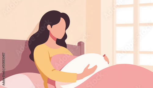 Woman holding pillow in empty bed, comfort and solitude