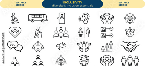 diversity and inclusivity essentials icon pack. minimalist vector icon set.