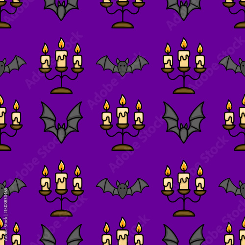 Seamless vector Halloween pattern with cute cartoon bats and three-candle candelabras on a vibrant purple background, perfect for spooky festive designs.
