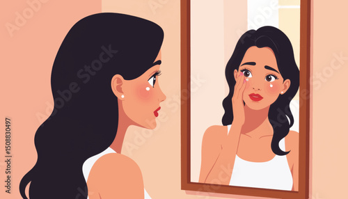 Woman crying while looking in the mirror, self-reflection and grief