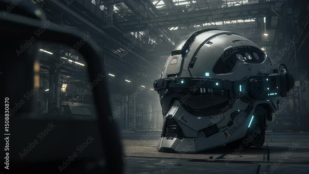 Futuristic Helmet: Abandoned Factory, Technological Relic, Industrial Decay. Futuristic Helmet: Abandoned Factory, Technological Relic, Industrial Decay.