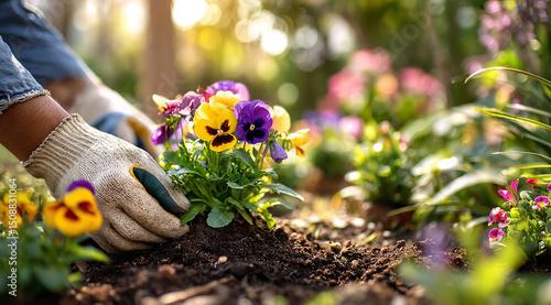 A person is planting flowers in the garden, wearing gardening gloves and turning over the soil to create new flower beds. The sun is shining brightly behind them,