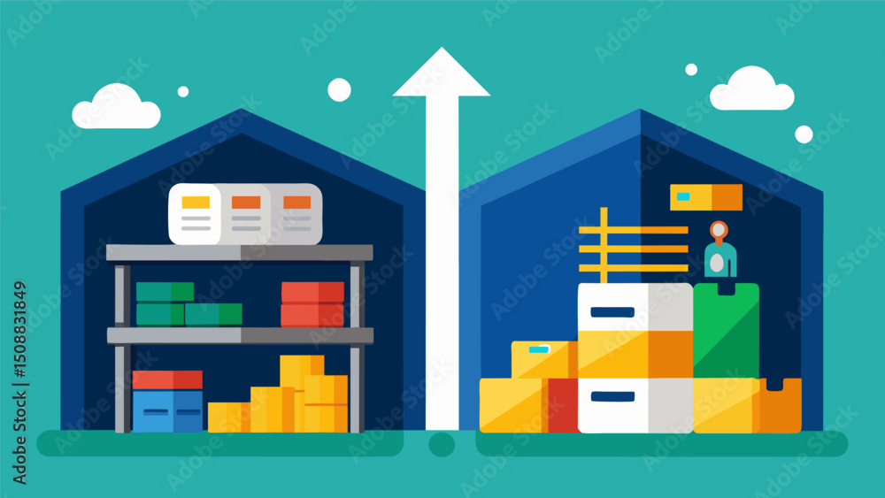 Fototapeta premium A beforeandafter image series displaying the cluttered storage of a warehouse transformed into a streamlined and efficient space through Big Data analysis.. Vector illustration