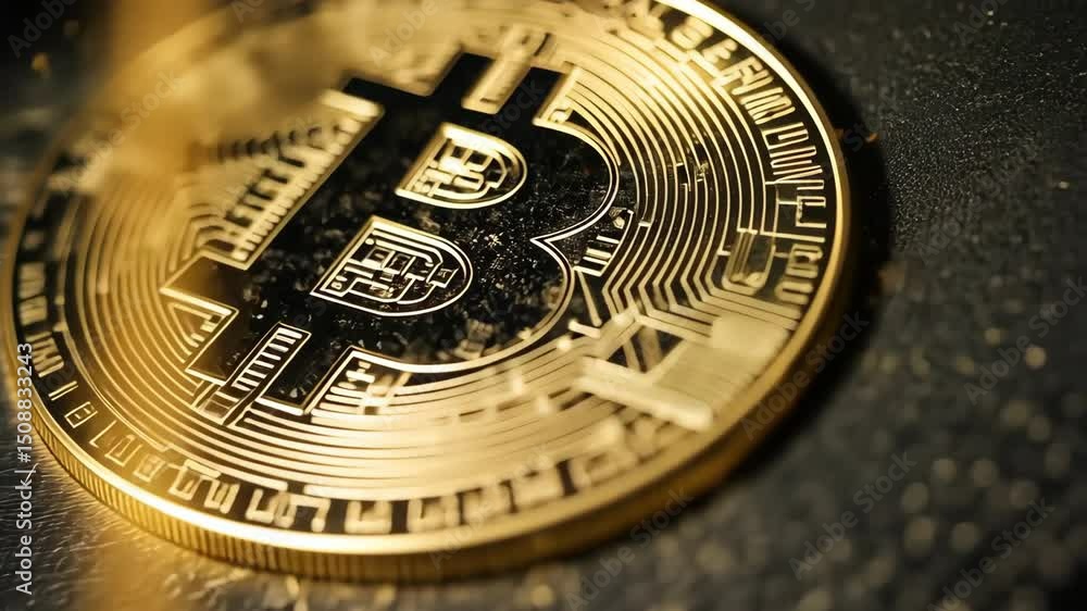 Golden bitcoin digital cryptocurrency, blockchain technology, finance and investment.