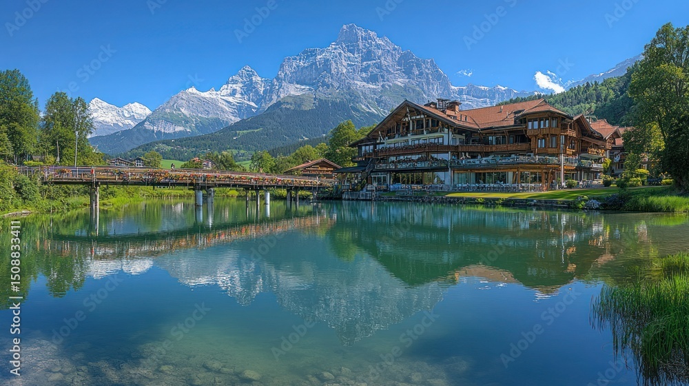 Fototapeta premium Alpine resort with mountain reflection