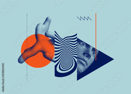 Abstract three-dimensional composition in dotwork style. Cover design template. Dotted face background. 3D vector illustration for brochure, poster, card, poster, presentation, flyer or banner.