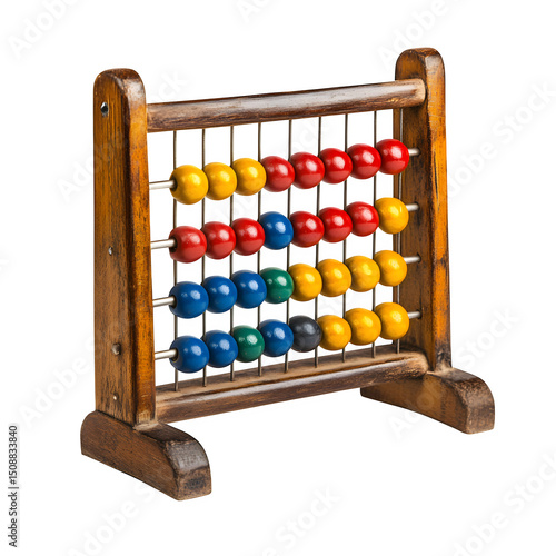 Authentic abacus used in first Chinese-American schools with wooden frame and colored beads, isolated on pure white background. Use side lighting for dimension.