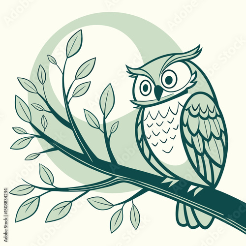 Owl icon on a branch in earthy green colors, symbolizing nature and wisdom