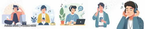 young man character vector listening to music