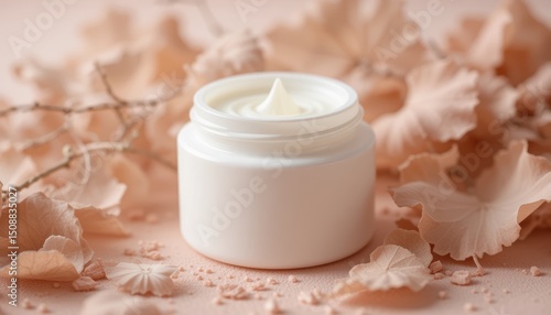 Calming Facial Oil A Close-Up of Matte White Jar with Delicate Leaves and Soft Textures