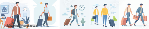 young man character vector dragging suitcase