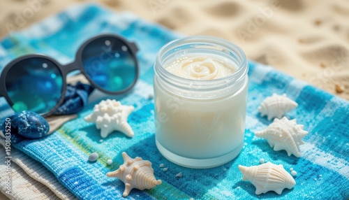 Summer Beach Essentials Sunscreen, Sunglasses, and Seashells - A Relaxing Coastal Scene