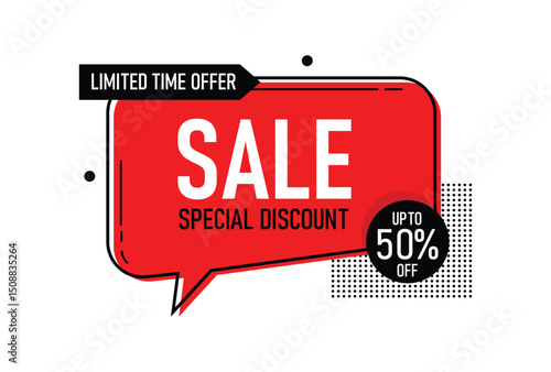 A beige tag with special offer big sale up to fifty percent off on a red tag vector illustration