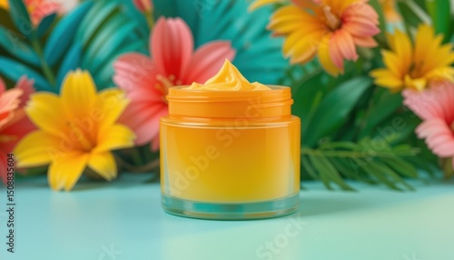 Vibrant Tropical Facial Mask Mockup Colorful Jar with Flowers and Leaves