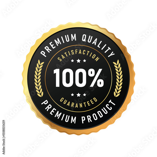 This logo design showcases a round badge emphasizing premium quality and satisfaction guarantee with elegant gold laurels. Ideal for branding and promotional use.