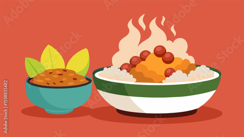 A bowl of steaming rice and beans topped with a generous sprinkle of salty and crispy chicharron and accompanied by a side of juicy and flavorful chicken.. Vector illustration