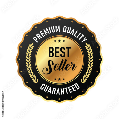 Stylish logo design highlighting premium quality with a best seller tag. The gold emblem includes elegant wreath details, conveying trust and assurance. Ideal for branding and marketing materials.