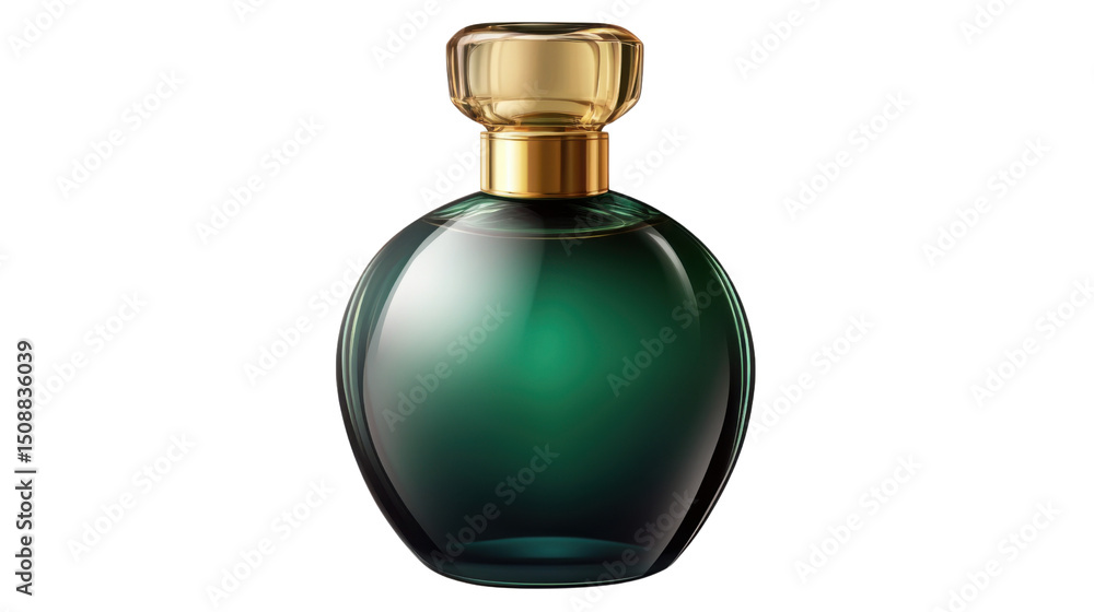 green perfume bottle with gold cap and sleek design on white background green perfume bottle with gold cap and sleek design on white background