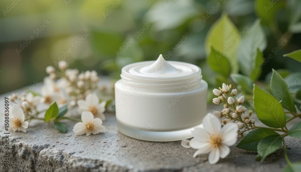Luxurious Moisturizer Cream Jar Mockup White Jar with Delicate Flowers on Stone Background Luxurious Moisturizer Cream Jar Mockup White Jar with Delicate Flowers on Stone Background