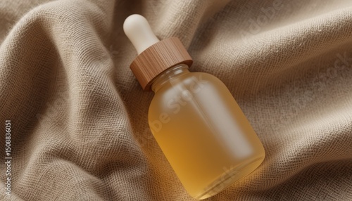 Luxurious Facial Oil Bottle Mockup Frosted Glass Dropper Bottle with Wooden Cap on Linen
