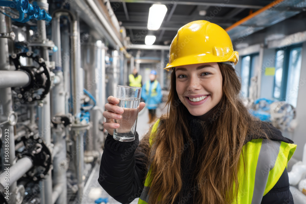 In a bustling industrial facility, a woman wearing safety gear smiles widely while holding a glass of water. She stands amidst equipment, showcasing her pride in ensuring safety and hydration In a bustling industrial facility, a woman wearing safety gear smiles widely while holding a glass of water. She stands amidst equipment, showcasing her pride in ensuring safety and hydration